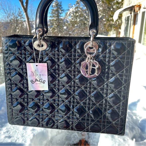 Dior: Lady Dior Charms Patent Enamel Cannage Lambskin Shoulder Handbag (Black) - Picture 6 of 16